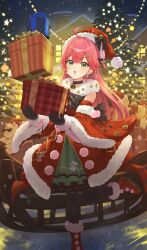  1girl alternate_costume atatatatame01 black_pantyhose christmas_present christmas_tree commentary_request dress fur-trimmed_dress fur-trimmed_headwear fur_trim gift green_eyes green_skirt hat highres holding holding_gift hololive looking_at_viewer open_mouth outdoors pantyhose pink_hair pom_pom_(clothes) red_dress red_shoes sakura_miko santa_costume santa_dress santa_hat shoes skirt sleigh solo virtual_youtuber 