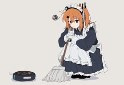  1girl a.i._voice adachi_rei apron broom collared_dress commentary_request dress frilled_apron frilled_skirt frills grumpy hair_ornament highres holding holding_broom inkstone31 looking_down maid maid_headdress pout puffy_sleeves robotic_vacuum_cleaner side_ponytail skirt squatting 