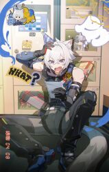  1boy ? absurdres against_locker animal_ear_fluff animal_ears arm_up artist_name belt_pouch black_gloves black_shoes black_sweater blue_pants blue_shoes blue_vest cat_boy cat_ears cat_tail chibi chinese_commentary commentary crossed_bangs elbow_gloves fang fluffy_tail gaiters gloves hair_between_eyes hand_on_own_head happy_birthday hat highres holding holding_paper knee_up looking_at_object male_focus official_art open_mouth pants paper party_hat police police_uniform pouch ribbed_sweater scar scar_on_arm seth_lowell shoes short_hair sitting sleeveless sleeveless_sweater solo sweater tail turtleneck turtleneck_sweater vest violet_eyes white_hair zenless_zone_zero 