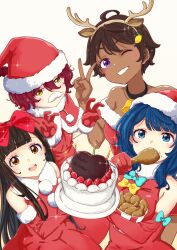  4girls :d ;) antlers bare_shoulders birthday_cake black_choker black_hair blue_eyes blue_hair bow brown_eyes bucket_of_chicken cake capelet chicken_(food) choker christmas commentary_request dark-skinned_female dark_skin double_v dress eating elbow_gloves fake_antlers fake_facial_hair fake_mustache food food-themed_hair_ornament fried_chicken fur-trimmed_capelet fur-trimmed_dress fur-trimmed_headwear fur_trim gloves grey_background hair_bow hair_ornament hat highres horns komari_chika lemon_hair_ornament long_hair looking_at_viewer make_heroine_ga_oo_sugiru! mono9ron multiple_girls nukumizu_kaju one_eye_closed red_bow red_capelet red_dress red_gloves red_hair red_hat reindeer_antlers santa_costume santa_dress santa_hat short_hair simple_background sleeveless sleeveless_dress smile v violet_eyes yakishio_lemon yanami_anna yellow_eyes 