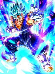  1boy aura blue_background blue_eyes blue_hair blue_pants blue_sash blue_shirt boots dragon_ball dragon_ball_super earrings fighting_stance full_body gloves highres jewelry male_focus medium_hair muscular muscular_male orange_shirt pants parted_lips potara_earrings rz28kp sash shirt smirk solo spiky_hair super_saiyan super_saiyan_blue vegetto white_boots white_gloves 