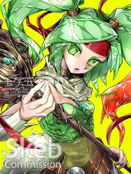  1girl bare_shoulders breasts commission covered_navel detached_sleeves duel_monster green_eyes green_hair hair_ribbon headband highres holding holding_staff jewelry looking_at_viewer multicolored_hair red_hair red_headband reeze_whirlwind_of_gusto ribbon scarf simple_background staff standing strapless tube_top twintails yellow_background yu-gi-oh! yukitaka_(zzzzz) 