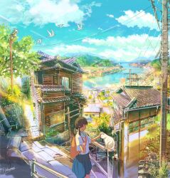  1girl aqua_sailor_collar backpack bag bird blue_skirt blue_sky bridge brown_hair building bush cable-stayed_bridge cat cityscape clouds commentary day highres leaf medium_hair mountain original outdoors petting power_lines river rooftop ryowelcome1 sailor_collar scenery school_uniform seagull shirt signature skirt sky solo stairs standing town twintails utility_pole vanishing_point white_bird white_cat white_shirt window 
