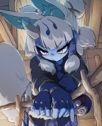  1girl animal_ears blue_skin bottle colored_skin extra_ears fingerless_gloves fox_ears fox_girl fox_tail ginkaku_(kemono_friends) gloves grey_hair highres horns indoors japari_symbol kemono_friends kemono_friends_3 long_hair mcgunngu necktie sake_bottle shirt skirt solo tail yellow_eyes 