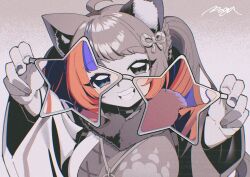  1girl ahoge animal_ear_fluff animal_ears aqua_eyes arms_up artist_name breasts cat_ears choker commentary_request fur-trimmed_kimono fur_trim grin head_tilt highres holding holding_removed_eyewear japanese_clothes kimono knot_hair_ornament long_hair looking_at_viewer medium_breasts multicolored_hair nail_polish nekoyashiki_miku nijisanji orange_hair outstretched_arms partially_colored paw_print paw_print_pattern pogatyb print_kimono purple_hair revealing_layer sepia smile solo star-shaped_eyewear star_(symbol) streaked_hair twintails twintails_with_braided_base two-tone_hair unworn_eyewear upper_body variant_set virtual_youtuber watermark 