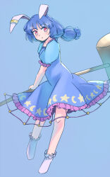  1girl animal_ears blue_background blue_dress blue_hair commentary_request dress frilled_dress frills full_body grey_socks holding holding_mallet kine knees light_blush long_hair looking_to_the_side mallet one-hour_drawing_challenge parted_lips puffy_short_sleeves puffy_sleeves rabbit_ears rabbit_girl rangycrow red_eyes seiran_(touhou) short_sleeves socks solo touhou twintails 