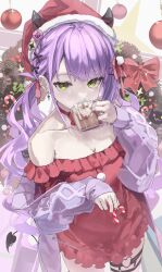 1girl blush choker christmas_present commentary cup demon_girl demon_horns dress gift green_eyes hair_ornament hat heart heart_o-ring highres holding holding_cup holding_gift hololive horns lazyramen long_hair looking_at_viewer o-ring o-ring_thigh_strap piercing red_choker red_dress red_hat santa_costume solo symbol-only_commentary tail tail_ornament tail_piercing thigh_strap tokoyami_towa twintails very_long_hair virtual_youtuber x_hair_ornament