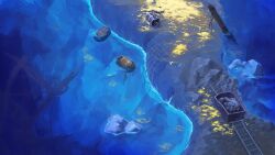  absurdres commentary english_commentary highres jewelry mast minecart money no_humans original painting_(medium) railroad_tracks rock shipwreck shovel traditional_media treasure_chest water yu02257951 