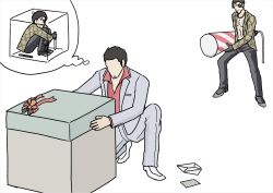  2boys black_gloves black_hair black_pants christmas_present collared_shirt dagger eyepatch facial_hair formal_clothes gift gloves goatee grey_suit holding holding_dagger holding_knife holding_weapon jacket kiryu_kazuma knife letter majima_goro male_focus multiple_boys open_clothes pants party_popper red_shirt ryuu_ga_gotoku_(series) shirt short_hair sideburns speech_bubble srph_rgg suit thought_bubble weapon white_suit yakuza 