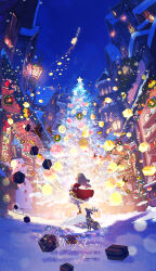  1girl absurdres blue_sky building candle christmas christmas_present christmas_tree christmas_wreath commentary_request deer dress english_text from_side gift gingerbread_man grey_hair highres holding holding_candle lamp little_match_girl long_hair makoron117117 merry_christmas night original outdoors red_dress short_sleeves sky sleigh snowman solo standing urban wide_shot wreath 