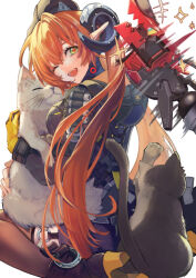  +++ 1girl ammunition animal black_cat black_hat black_horns blush brown_thighhighs cat commentary_request curled_horns dress from_side gloves green_eyes grey_cat gun hair_between_eyes hat hinagi_kei holding holding_animal holding_cat horns long_hair looking_back magus_(zenless_zone_zero) mechanical_horns mechanical_tail motion_blur one_eye_closed open_mouth orange_hair orange_pupils orphie_magnusson pointy_ears simple_background single_glove sitting sparkle tail thigh-highs twintails wariza weapon white_background yellow_gloves zenless_zone_zero zipper_dress 