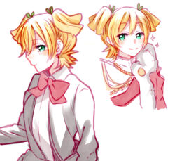  1girl :| aiguillette akikan_(0272) blonde_hair bow bowtie closed_mouth collared_shirt commentary_request cropped_torso daiba_nana epaulettes fur-trimmed_jacket fur_trim green_eyes green_ribbon grey_jacket hair_between_eyes hair_ribbon jacket jacket_on_shoulders long_sleeves looking_ahead looking_at_viewer multiple_views open_clothes open_jacket parted_bangs red_bow red_bowtie red_jacket red_sash ribbon sash school_uniform seishou_music_academy_uniform shirt short_hair shoujo_kageki_revue_starlight shoulder_sash simple_background smile sparkle two_side_up upper_body white_background white_jacket white_shirt 
