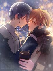 2boys aoyagi_touya black_gloves commentary_request cup disposable_coffee_cup disposable_cup fur_trim gloves highres holding holding_cup long_sleeves looking_at_another multicolored_hair multiple_boys orange_hair project_sekai ps_nekoman10 scarf shinonome_akito smile yaoi