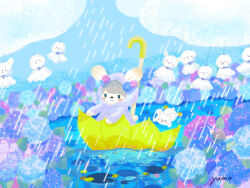  blush_stickers flower highres hydrangea lily_pad original rain raincoat signature snail teruterubouzu umbrella water yuno_(yumonoie) 