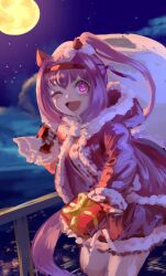  1girl animal_ears blush bow dress ear_bow ear_covers flower-shaped_pupils flower_in_eye gift gloves hairband haru_urara_(umamusume) headband highres horse_ears horse_girl horse_tail inishie_kumo jacket long_hair looking_at_viewer open_mouth pink_eyes pink_hair pink_headband ponytail red_gloves red_headband santa_costume santa_dress shirt smile solo symbol-shaped_pupils symbol_in_eye tail umamusume 