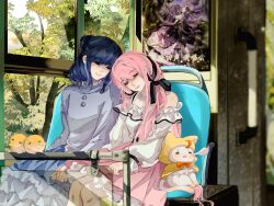  2girls =_= absurdres ahoge animal baby_animal bare_shoulders belt bird black_belt black_bow black_hair black_ribbon blue_hair blue_skirt bow bowtie bra_strap buttons cat chair chick chinese_commentary cloak closed_eyes closed_mouth clothed_animal collarbone commentary_request cowboy_shot day ear_covers frilled_shirt frilled_skirt frilled_sleeves frills gifty_(nikki) gradient_hair grey_sweater hair_between_eyes hair_bow hair_bun hair_ribbon happy heads_together highres holding_hands hood hood_up hooded_cloak infinity_nikki knees layered_skirt light_blush light_particles long_hair long_sidelocks long_skirt long_sleeves low_twintails medium_hair medium_skirt momo_(nikki) multicolored_hair multiple_girls nikki_(nikki) nikki_(series) nose_bubble off-shoulder_shirt off_shoulder on_chair open_door orange_bow orange_bowtie painting_(object) perfect_start_(infinity_nikki) pink_hair pink_lips pink_skirt pleated_skirt puffy_long_sleeves puffy_sleeves qingxu ribbon shirt sidelocks single_hair_bun sitting skirt sleeping smile star_sea_(nikki) stylist_(nikki) sweater thick_lips traditional_bowtie tree tress_ribbon twintails two-tone_hair very_long_hair wavy_hair white_cat white_shirt white_skirt window yellow_cloak yuri 