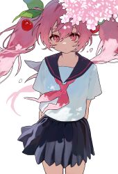  1girl absurdres alternate_costume cherry_blossoms cherry_hair_ornament commentary cowboy_shot food-themed_hair_ornament grey_sailor_collar grey_skirt hair_ornament haru_(ririne9999rine) hatsune_miku highres long_hair looking_at_viewer miniskirt neckerchief pink_eyes pink_hair pink_neckerchief pleated_skirt sailor_collar sailor_shirt sakura_miku shirt short_sleeves skirt solo standing twintails vocaloid white_shirt 