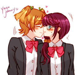  2girls akikan_(0272) arms_at_sides artist_name bell black-framed_eyewear blonde_hair blue_eyes blush bow bowtie closed_eyes closed_mouth collared_shirt commentary_request daiba_nana face-to-face facing_away flipped_bangs glasses green_ribbon grey_jacket hair_bell hair_between_eyes hair_ornament hair_ribbon heart hoshimi_junna imminent_kiss jacket long_hair long_sleeves looking_at_another low_side_ponytail motion_lines multiple_girls open_clothes open_jacket purple_hair red_bow red_bowtie ribbon school_uniform seishou_music_academy_uniform shirt short_hair shoujo_kageki_revue_starlight side-by-side sidelocks signature simple_background sweatdrop two_side_up upper_body white_background white_shirt yuri 