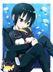  1girl androgynous black_eyes black_hair black_jacket black_pants border bubble collared_shirt commentary feet_out_of_frame highres holding holding_stuffed_toy jacket kino_(kino_no_tabi) kino_no_tabi ocean outside_border pants parted_lips pctl_kino1 shirt short_hair sitting stuffed_animal stuffed_penguin stuffed_toy symbol-only_commentary twitter_username white_border white_shirt 