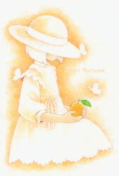  1girl bug butterfly chiori_n colored_pencil_(medium) commentary_request dress food fruit hat hat_over_eyes highres holding_orange orange_(fruit) orange_theme original short_hair solo traditional_media 