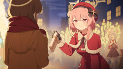  3girls black_bow black_gloves blue_archive blush bow box brown_hair brown_jacket capelet closed_eyes closed_mouth commentary dress feather_hair fur_trim gift gift_box gloves hair_bow hair_bun halo hanae_(blue_archive) hanae_(christmas)_(blue_archive) hat highres holding holding_box jacket leaning_forward long_hair looking_at_another mikan_battery multiple_girls official_alternate_costume open_mouth outdoors pink_eyes pink_hair red_capelet red_dress red_hat red_scarf red_shirt red_skirt scarf serina_(blue_archive) serina_(christmas)_(blue_archive) shirt short_hair single_side_bun skirt smile twintails very_long_hair yellow_halo 