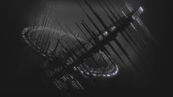  absurdres commentary english_commentary greyscale highres monochrome no_humans original scenery science_fiction shiej007 space space_station 