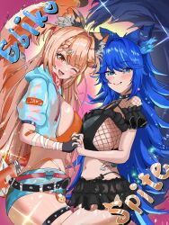  2girls ahoge animal_ears arata_(artist) ass bandaid blonde_hair blue_eyes blue_hair braid breasts cat_ears collar ebiko_(vtuber) fang fishnet_top fishnets frilled_skirt frills highres hip_tattoo holding_hands indie_virtual_youtuber jacket large_breasts long_hair multiple_girls open_clothes open_jacket open_mouth orange_eyes panties short_twintails shrimp_girl shrimp_hair_ornament sideboob skirt smile spiked_belt spiked_collar spiked_thigh_strap spikes spite_(vtuber) tail tail_belt tamagotchi tattoo thighs thong twintails underwear virtual_youtuber wolf_ears wolf_girl wolf_tail 