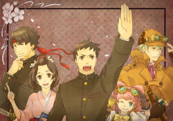  2girls 3boys ace_attorney aqua_eyes bangs_pinned_back belt belt_buckle black_gloves black_hair black_jacket blonde_hair blue_eyes blunt_ends bow bowtie breast_pocket brown-framed_eyewear brown_capelet brown_coat brown_eyes brown_gloves brown_hair brown_hat buckle buttons capelet checkered_background cherry_blossom_print chest_belt closed_mouth coat collared_capelet collared_jacket commentary_request curly_hair deerstalker determined dot_nose fingerless_gloves floral_print forehead frilled_gloves frilled_sleeves frills furrowed_brow gakuran gloves goggles goggles_on_headwear gold_buttons green_belt hair_ribbon hair_rings hair_tie hakama hand_on_hilt hand_on_own_chin happy hat headband heart_button height_difference herlock_sholmes high_collar holding holding_smoking_pipe holding_toy iris_wilson jacket japanese_clothes katana kazuma_asogi kimono lapels layered_sleeves long_hair long_sleeves looking_at_viewer multiple_boys multiple_girls nostrils notched_lapels open_mouth outside_border outstretched_arm petals pink_background pink_bow pink_bowtie pink_hair pink_kimono pocket pointing pointing_up print_kimono puffy_short_sleeves puffy_sleeves red_bow red_hakama red_headband ribbon ringlets round_eyewear ryunosuke_naruhodo school_uniform sheath sheathed shirt short_hair short_sleeves shoulder_belt sleeve_cuffs smoking_pipe spiky_hair steampunk susato_mikotoba sword takamoriwako teeth the_great_ace_attorney thick_eyebrows toy twintails undershirt upper_body upper_teeth_only waist_bow weapon white_ribbon white_shirt wide_sleeves yellow_bow yellow_bowtie 