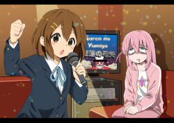  2girls bar_censor blazer blue_jacket blue_ribbon bocchi_the_rock! brown_hair censored censored_identity collared_shirt couch crossover gotoh_hitori highres hirasawa_yui ho-kago_tea_time_t-shirt holding holding_microphone indoors jacket k-on! karaoke laika2slip long_hair long_sleeves microphone multiple_girls music neck_ribbon on_couch open_clothes open_jacket pink_hair pink_jacket ribbon sakuragaoka_high_school_uniform school_uniform shingeki_no_kyojin shirt short_hair singing sitting television titan_(shingeki_no_kyojin) track_jacket white_shirt winter_uniform 