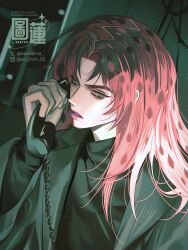  1boy corded_phone diavolo green_eyes highres holding holding_phone jacket jojo_no_kimyou_na_bouken karssama lipstick long_hair long_sleeves looking_to_the_side makeup male_focus open_clothes open_jacket parted_lips phone pink_hair portrait solo spotted_hair vento_aureo watermark 