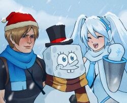  1boy 1girl :d ^_^ black_sleeves blue_eyes blue_hair blue_necktie blue_scarf brown_hair character_snowman closed_eyes closed_mouth commentary cumii_bakarr day detached_sleeves earmuffs english_commentary fortnite harry_potter_(series) hat hatsune_miku highres leon_s._kennedy long_hair mittens necktie open_mouth red_scarf resident_evil resident_evil_4 santa_hat scarf short_hair short_sleeves smile snow snowing snowman spongebob_squarepants spongebob_squarepants_(series) teeth top_hat twintails two-tone_scarf upper_body upper_teeth_only very_long_hair vocaloid white_mittens white_scarf winter wizarding_world yellow_scarf yuki_miku yuki_miku_(2011) 