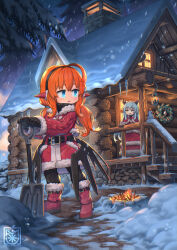  2girls ahoge belt bilingual_commentary black_belt blue_eyes boots brown_eyes christmas_wreath commentary earmuffs english_commentary fire grey_hair highres holding holding_shovel house lantern long_hair looking_at_another mixed-language_commentary multiple_girls nagi_itsuki night orange_hair original outdoors parted_lips planted planted_shovel pointy_ears railing red_boots santa_costume scenery shovel snow snow_shovel snowing stairs tree window wreath 