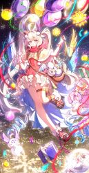  1girl :o ahoge aloupeep_(enna_alouette) balloon blush box capelet christmas_ornaments city cityscape commentary dress english_commentary enna_alouette floating full_body fur-trimmed_capelet fur_trim gift gift_box gloves hair_intakes hair_ornament hat head_wings highres long_hair low_wings mini_hat night_sky nijisanji nijisanji_en pom_pom_(clothes) pom_pom_hair_ornament pouch red_dress red_scarf ribbon scarf snowflakes snowman thigh_pouch top_hat twintails very_long_hair violet_eyes virtual_youtuber wings yunting27079350 