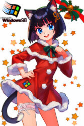  1girl 98-tan absurdres animal_ears black_hair blue_eyes capelet cat_ears cat_tail commentary_request dress fur-trimmed_capelet fur-trimmed_dress fur_trim hand_in_pocket hand_on_own_hip highres lace_thigh_strap logo microsoft_windows open_mouth os-tan paw_pose red_capelet red_dress round_teeth short_hair smile solo star_(symbol) tail teeth tsukiyono_aroe upper_teeth_only windows_98 windows_classic 