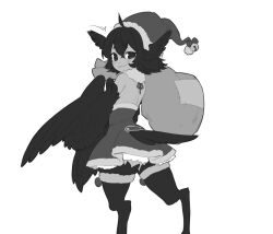  1girl :3 ahoge bird bird_legs commission commissioner_upload crow eclair_(teuthidan) feather_tail harpy hat head_wings highres holding holding_sack looking_at_viewer looking_back monochrome monster_girl niniidawns original sack santa_costume santa_hat tail winged_arms wings 