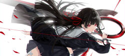  1girl absurdres arm_cutout black_choker black_hair black_shirt black_skirt breasts bright_pupils chisa_(wuthering_waves) choker clothing_cutout commentary_request from_side hair_ribbon highres holding holding_over_opposite_shoulder holding_sword holding_weapon kuramoto_beta-carotene long_hair long_sleeves looking_at_viewer looking_to_the_side mole mole_under_eye neckerchief parted_lips red_eyes red_neckerchief red_ribbon ribbon school_uniform serafuku shirt skirt solo sword tacet_mark_(wuthering_waves) weapon white_background white_pupils wuthering_waves 