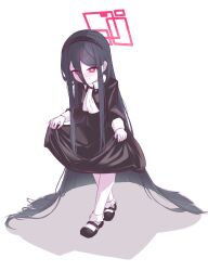  1girl absurdly_long_hair absurdres aris_(blue_archive) ascot black_dress black_shoes blue_archive commentary_request dark_persona dress full_body halo highres korean_commentary long_hair looking_at_viewer minimin346539 red_eyes red_halo ringed_eyes shoes simple_background skirt_hold smile socks solo very_long_hair white_ascot white_background white_socks 