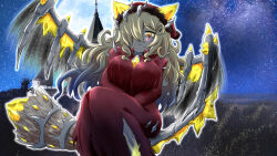  1girl blonde_hair blush breasts broom broom_riding building chest_jewel colored_skin crystal crystal_wings curly_hair duel_monster grey_skin hair_ornament hair_over_one_eye horns jjpop2b light_smile long_hair long_sleeves mementotlan_angwitch moon night night_sky outdoors outline red_skirt silhouette sitting skeletal_wings skirt sky smile star_(sky) starry_sky tree white_outline wings witch yellow_eyes yu-gi-oh! 