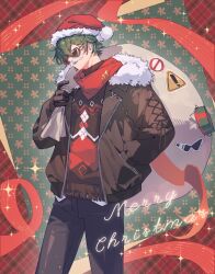  1boy alternate_costume black_gloves black_jacket black_pants box christmas_sweater commentary cowboy_shot english_commentary fake_facial_hair fake_mustache fur-trimmed_headwear fur-trimmed_jacket fur_trim gift gift_box gloves green_eyes green_hair hair_over_one_eye hand_in_pocket hat highres holding holding_sack jacket lighter_(zenless_zone_zero) looking_at_viewer looking_over_eyewear male_focus merry_christmas open_mouth pants plaid_background pom_pom_(clothes) rainzz550793 red_hat red_pupils red_ribbon red_scarf ribbon sack santa_hat scarf short_hair solo sunglasses zenless_zone_zero 