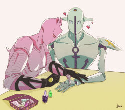  2others anchor_symbol animal_ears artist_name black_gloves cat_ears colored_skin commentary cosmetics gloves heart highres humanoid_robot janagreniuk jojo_no_kimyou_na_bouken jojolion killer_queen multiple_others needle no_humans other_focus pink_skin robot sewing_needle simple_background soft_&amp;_wet stand_(jojo) table 