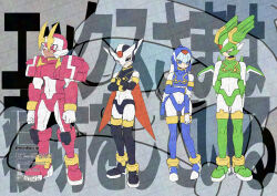  1girl 3boys armor black_armor black_eyes black_helmet blue_armor blue_eyes blue_helmet brother_and_sister closed_eyes commentary_request crossed_arms dark-skinned_male dark_skin facial_mark fairy_leviathan_(mega_man) fighting_fefnir_(mega_man) fins forehead_jewel full_body green_armor green_helmet group_picture head_fins head_wings helmet hidden_phantom_(mega_man) highres horns mechanical_wings mega_man_(series) mega_man_zero_(series) multiple_boys ninja red_armor red_eyes red_helmet red_scarf sage_harpuia_(mega_man) scarf siblings translation_request watermark wings yamanashi_taiki 