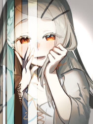  1girl absurdres blush braid camisole colored_eyelashes commentary_request contrast_(idolmaster) earrings gakuen_idolmaster grey_background grey_hair grey_robe hair_ornament hairclip hands_on_own_cheeks hands_on_own_face hands_up highres idolmaster jewelry koukei_(idolmaster) lace-trimmed_sleeves lace_trim long_hair looking_at_viewer n4_ika open_clothes open_mouth open_robe orange_eyes parallel_hairclips parted_bangs robe shinosawa_hiro signature smile solo stud_earrings sunfaded_(idolmaster) white_camisole wide_sleeves 