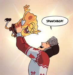  2boys ^_^ blonde_hair citruscrisp closed_eyes commentary english_commentary english_text fortnite from_side highres jonesy_(fortnite) lifting_person long_sleeves male_focus multiple_boys open_mouth profile red_sweater short_hair simple_background speech_bubble spongebob_squarepants spongebob_squarepants_(series) sweater upper_body ushanka yellow_background 