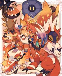  1girl akadako backpack bag black_eyes border braid bright_pupils brown_hair commentary_request farigiraf fire glimmora grin highres juliana_(pokemon) koraidon luxury_ball mole mole_under_eye necktie open_mouth orange_shorts poke_ball pokemon pokemon_(creature) pokemon_sv red_necktie shirt shorts skeledirge slither_wing smile tatsugiri v white_border white_pupils white_shirt yellow_eyes 