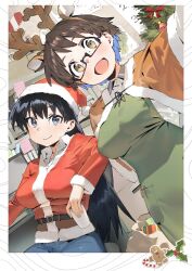  2girls :d animal_ears apron arato_nagi belt black-framed_eyewear black_hair blue_eyes blue_hair blue_pants border box breasts brown_capelet brown_hair candy candy_cane capelet christmas commentary cup denim ear_piercing fake_animal_ears fake_antlers food fur-trimmed_headwear fur-trimmed_shirt fur_trim gift gift_box gingerbread_man green_apron hat holding holding_cup imari_youko jeans large_breasts long_hair looking_at_viewer mi8pq mistletoe multicolored_hair multiple_girls office pants piercing red_hat red_shirt ruri_no_houseki selfie semi-rimless_eyewear shirt short_hair sitting smile standing straight_hair symbol-only_commentary two-tone_hair under-rim_eyewear white_shirt yellow_eyes 
