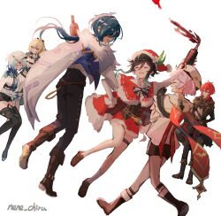  2girls 4boys absurdres ahoge beret blonde_hair boots bottle braid brown_boots closed_eyes dahlia_(genshin_impact) diluc_(genshin_impact) eula_(genshin_impact) genshin_impact hat highres holding holding_bottle jean_(genshin_impact) kaeya_(genshin_impact) multiple_boys multiple_girls nene_chiru open_mouth red_hair santa_hat thigh_strap twin_braids venti_(genshin_impact) watermark white_background 