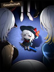  1girl absurdres aged_down bag black_bag black_hat blonde_streaks blue_eyes bow bowtie cherry_oux child cyborg english_text faust_(project_moon) hat hat_bow highres holding holding_toy kindergarten_bag kindergarten_uniform limbus_company limbus_kindergarten_uniform mechanical_legs medium_hair multicolored_hair official_alternate_costume pleated_skirt project_moon red_bow red_bowtie school_hat skirt standing streaked_hair surrounded sweater sword thigh-highs toy toy_sword turtleneck turtleneck_sweater weapon white_hair white_thighhighs 