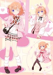  1girl :d :o abstract_background aged_down animal_ear_hairband animal_ear_hood animal_ears animal_hood animal_print april_fools bag bare_shoulders belt birthday black_bag black_bow black_straps border bow braid breasts bright_pupils brown_leggings brown_shoes buckle buttons card character_print closed_mouth coat coffee_cup_print collarbone collared_coat collared_shirt confident cowboy_shot cowlick crown_print diamond_(shape) dot_nose double_horizontal_stripe drawstring dress enderkj fake_animal_ears feathered_wings feathers flower frilled_shirt frills full_body gochuumon_wa_usagi_desu_ka? hair_between_eyes hair_bun hair_ornament hair_ribbon hairband hairclip half_updo handbag heart heart-shaped_buckle heart_belt_buckle heart_hairclip heart_print highres hood hood_down hoodie hoto_cocoa index_finger_raised jacket knees_together_feet_apart koi_(koisan)_(style) leg_warmers leggings light_blush loafers long_sleeves looking_at_viewer lop_rabbit_ears medium_breasts medium_hair messy_hair multicolored_bow multiple_views off_shoulder official_alternate_costume one_eye_closed open_clothes open_hoodie open_jacket open_mouth orange_hair outside_border pigeon-toed pink_border pink_bow pink_coat pink_dress pink_feathers pink_flower pink_hoodie pink_ribbon pink_theme pink_wrist_cuffs plaid_clothes plaid_skirt playing_card pleated_skirt purple_pupils rabbit_belt_buckle rabbit_ear_hairband rabbit_ears rabbit_hood rabbit_house_logo rabbit_print rabbit_symbol red_bow ribbon school_uniform shirt shirt_tucked_in shoes short_side_ponytail sitting skirt sleeveless sleeveless_shirt sleeves_past_wrists small_breasts smile solo speech_bubble spoken_heart standing star_(symbol) strap stuffed_animal stuffed_rabbit stuffed_toy sweater_vest thigh_strap violet_eyes white_belt white_bow white_leg_warmers white_rabbit_(animal) white_shirt white_sweater_vest white_theme white_wings wings wrist_cuffs 
