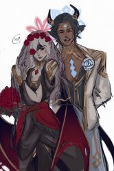  1boy 1emonous 1girl animal_ears askr_(fire_emblem) bat_ears bat_girl bat_wings black_dress blue_eyes blue_hair blue_halo bouquet breasts bridal_veil bride brooch commentary cow_boy cow_horns dark-skinned_male dark_skin dress embla_(closed-off_bride)_(fire_emblem) embla_(fire_emblem) english_commentary eyepatch fingerless_gloves fire_emblem fire_emblem_heroes flower flower_eyepatch frown gloves gold_trim hair_flower hair_ornament halo highres holding holding_bouquet horns jewelry lace-trimmed_eyepatch long_hair looking_at_another mature_female mature_male official_alternate_costume red_eyes red_flower red_halo red_rose rose short_hair smile veil wedding_dress white_background white_hair wings 