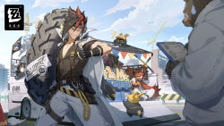  2boys 2girls animal_ear_hairband animal_ears anton_ivanov asymmetrical_gloves bangboo_(zenless_zone_zero) bear_boy bear_ear_hairband bear_ears ben_bigger black_gloves black_hair black_shirt blue_sky brown_fur car closed_eyes clouds coat coat_on_shoulders collar commentary construction_site crane_(machine) crop_top elbow_gloves english_commentary eyepatch fake_animal_ears fingerless_gloves flame_print furry furry_male gloves goggles goggles_on_head grace_howard grin hair_ornament hairband hand_on_own_head headband highres holding holding_notepad jumpsuit jumpsuit_around_waist koleda_belobog long_hair looking_at_another metal_collar motor_vehicle multicolored_hair multiple_boys multiple_girls muscular muscular_male notepad official_art one_eye_closed open_mouth outdoors pants parted_lips pectorals red_eyes red_hair red_streaks safety_(zenless_zone_zero) scar scar_across_eye scar_on_face shirt single_elbow_glove sky smile sparkle sphere_hair_ornament spiky_hair streaked_hair striped_headband sweatdrop thumbs_up traffic_cone unused_tire white_coat white_gloves white_pants zenless_zone_zero 